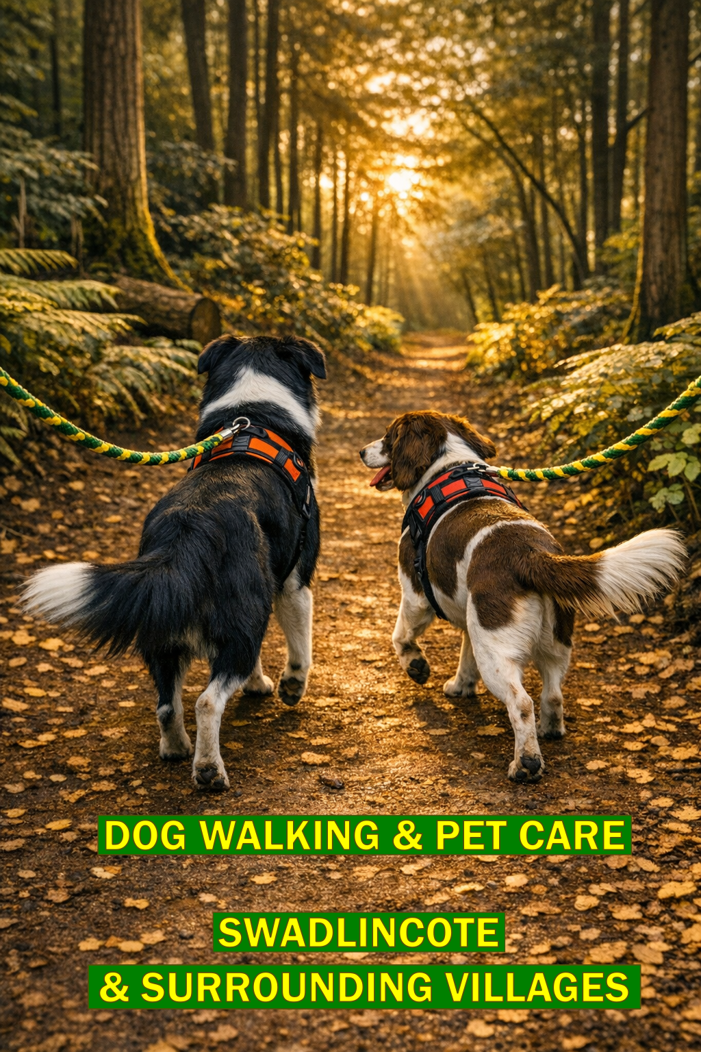 TWO DOGS BEING WALKED THROUGH THE WOODS