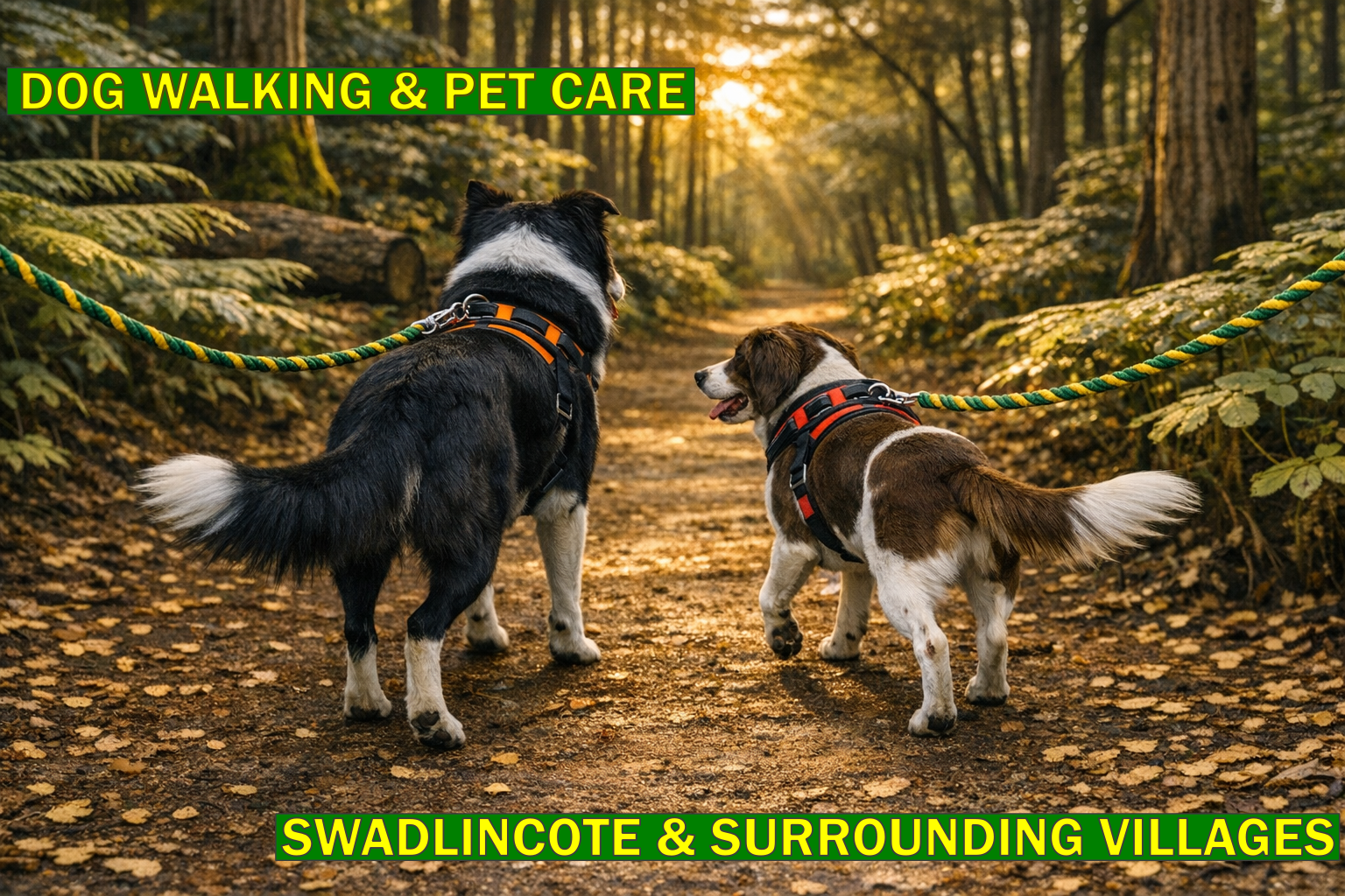 Springer Spaniel and Border Collie on a walk through the woods