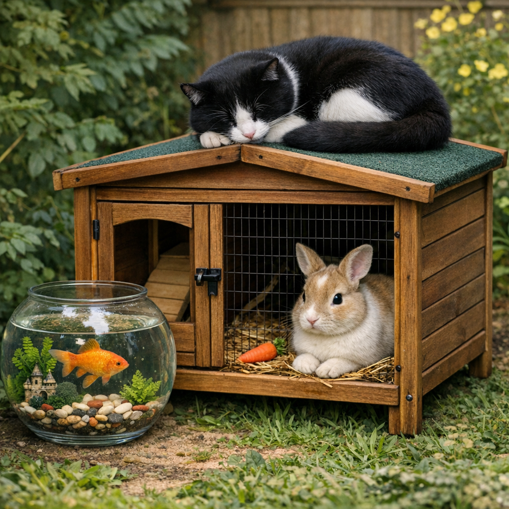 A rabbit hutch with a bunny inside. A cat asleep on top with a goldfish bowl next to the hutch.