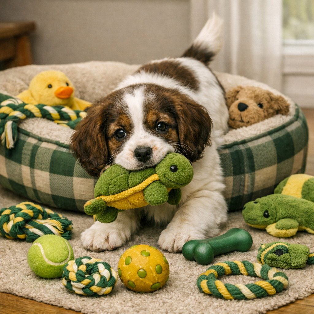 A puppy playing with toys and a comfy dog bed.